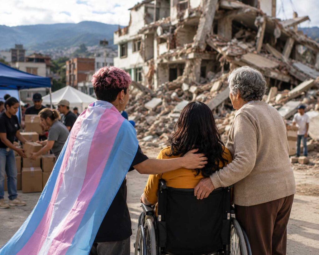 Personas con discapacidad, personas trans y personas mayores reciben acompañamiento después de un terremoto.