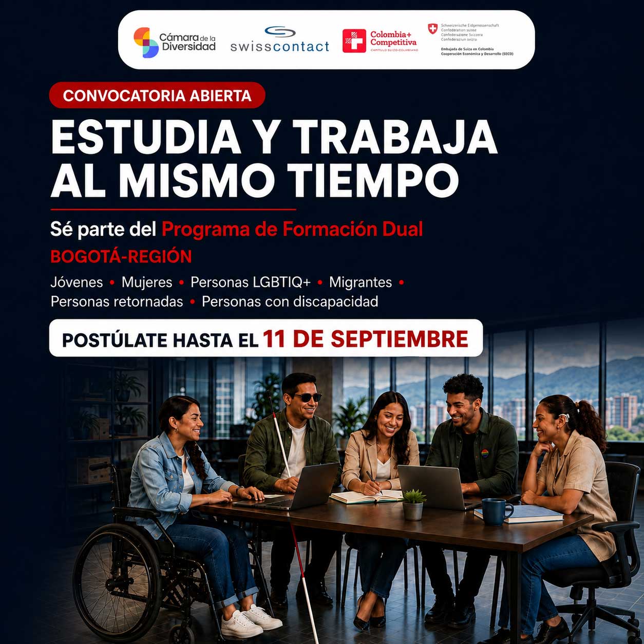Convocatoria del Programa de Formación Dual Bogotá-Región para jóvenes, mujeres, personas LGBTIQ+, migrantes, retornadas y personas con discapacidad.