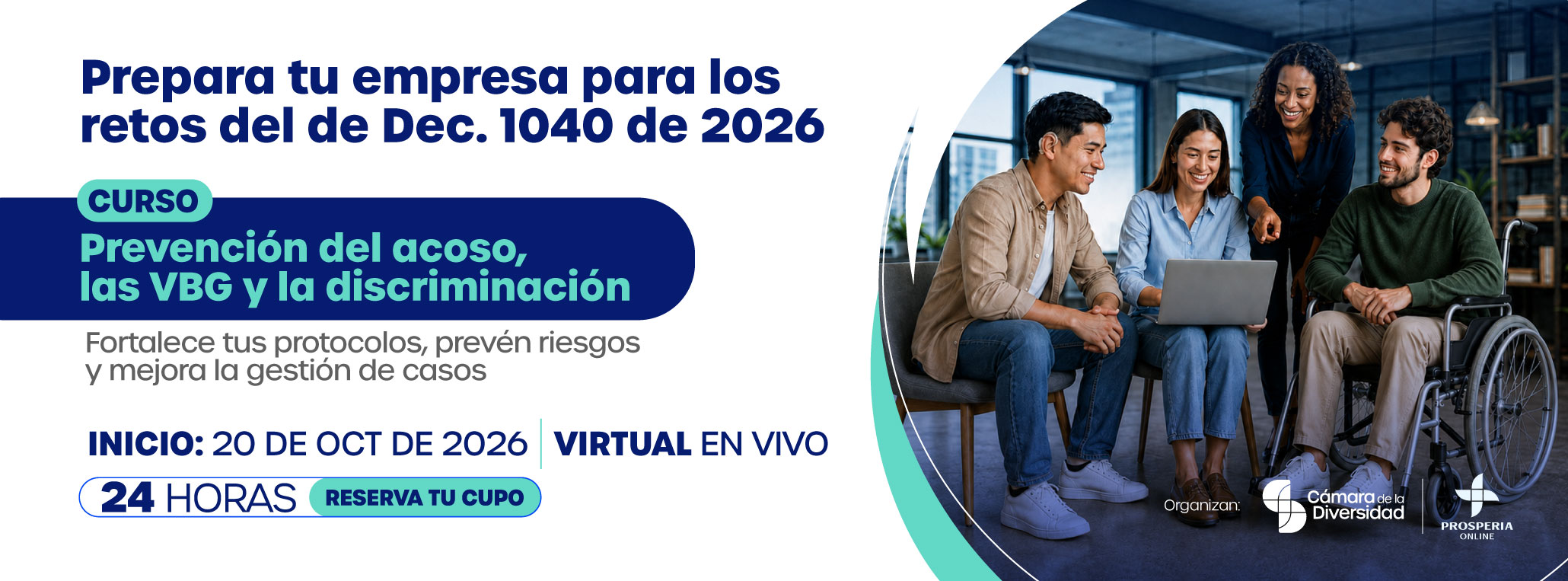 Banner del curso de prevención del acoso, las VBG y la discriminación, con cuatro profesionales reunidos alrededor de un computador.