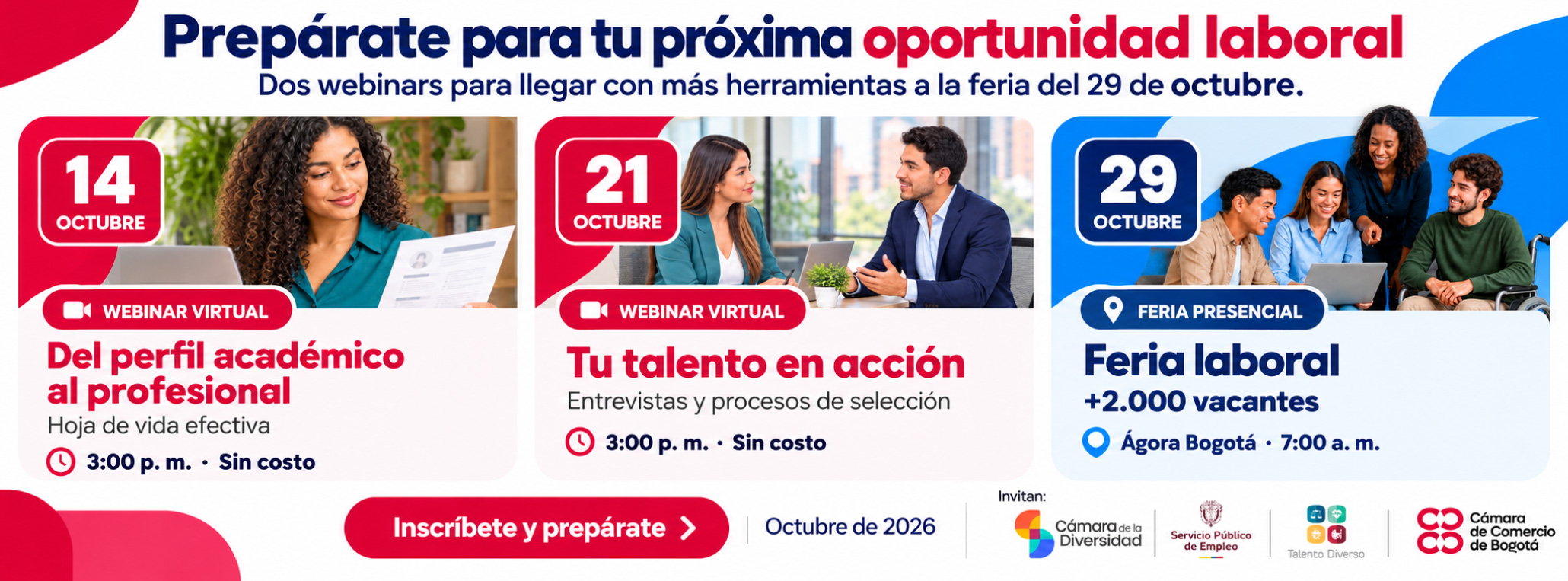 Banner del ciclo laboral: webinars virtuales el 14 y 21 de octubre y feria presencial el 29 de octubre de 2026 en Ágora Bogotá.