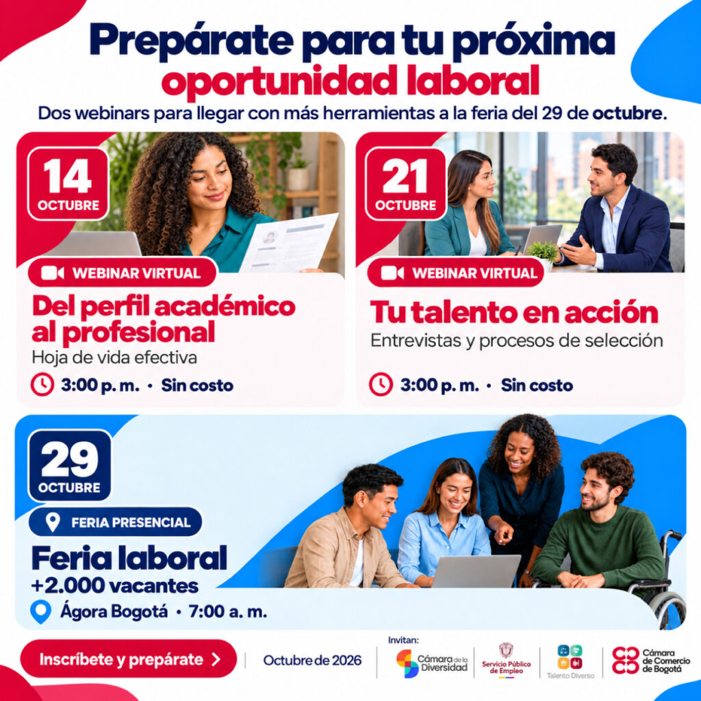 Banner del ciclo laboral: webinars virtuales el 14 y 21 de octubre y feria presencial el 29 de octubre de 2026 en Ágora Bogotá.