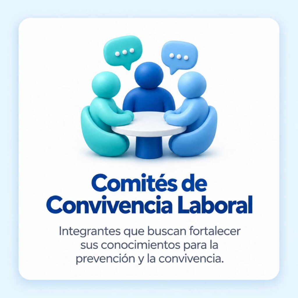 Tres figuras reunidas alrededor de una mesa con globos de diálogo representan la convivencia laboral.