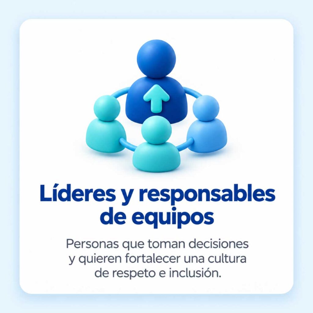 Una figura central con una flecha ascendente conectada a tres figuras representa el liderazgo y el trabajo en equipo.