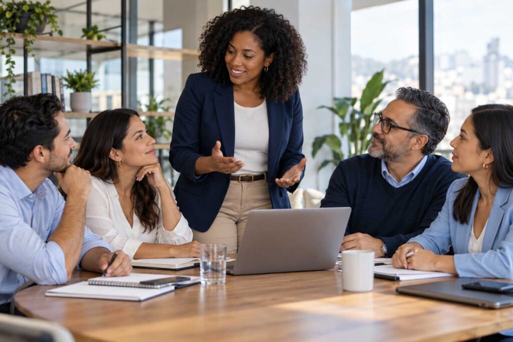 Cinco profesionales dialogan alrededor de un computador durante una sesión de formación en una oficina.