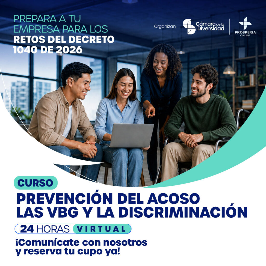 Banner del curso de prevención del acoso, las VBG y la discriminación, con cuatro profesionales reunidos alrededor de un computador.