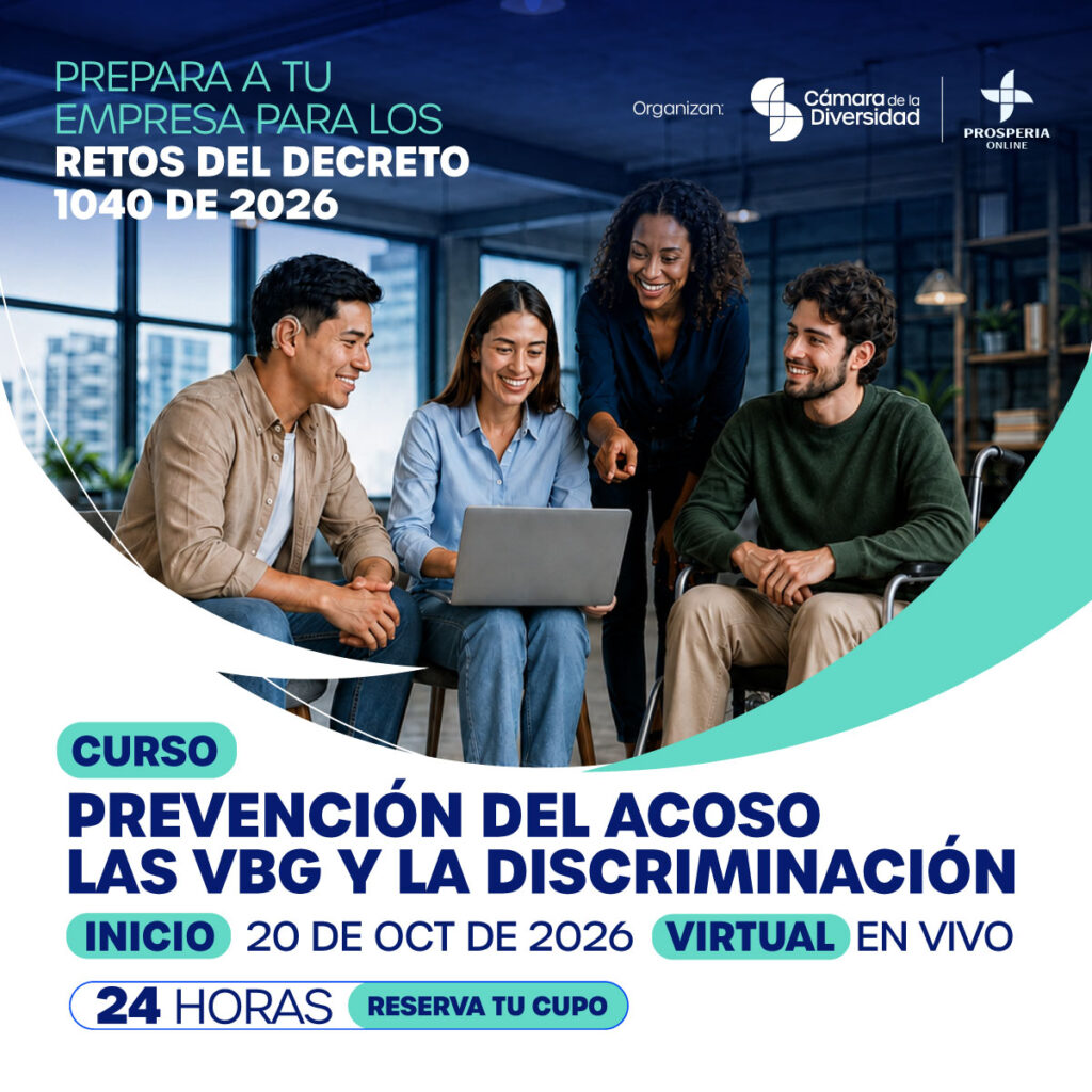 Banner del curso de prevención del acoso, las VBG y la discriminación, con cuatro profesionales reunidos alrededor de un computador.