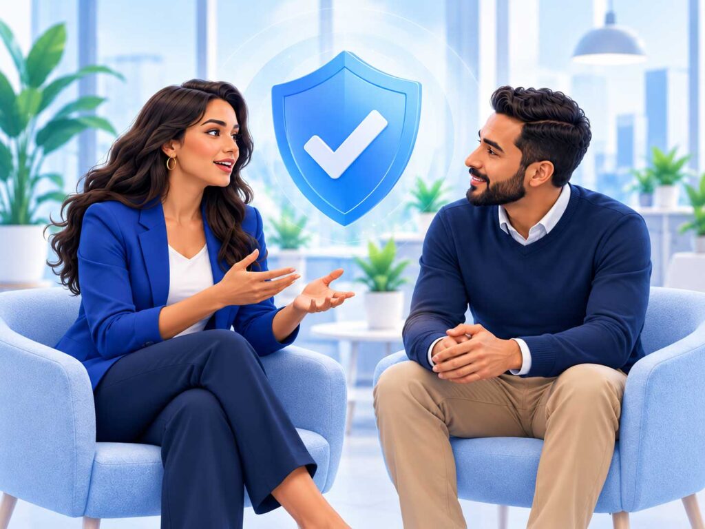 Ilustración de dos profesionales dialogando junto a un escudo azul que simboliza protección y prevención.