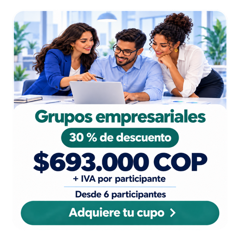 Tarjeta para grupos de seis o más personas: 30 % de descuento y tarifa de $693.000 COP más IVA por participante.