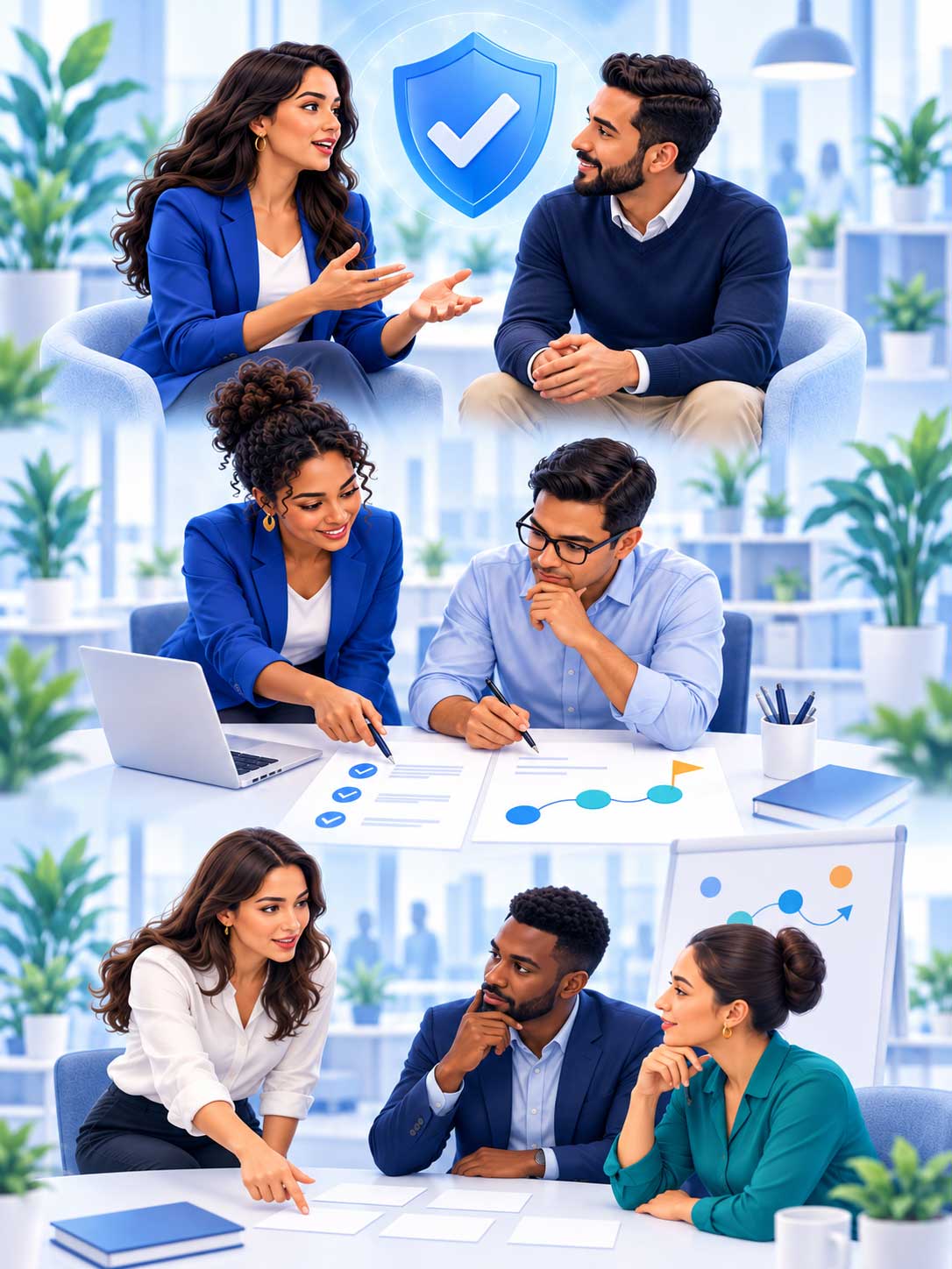 Ilustración vertical con tres escenas de profesionales dialogando, revisando herramientas de prevención y analizando casos empresariales.