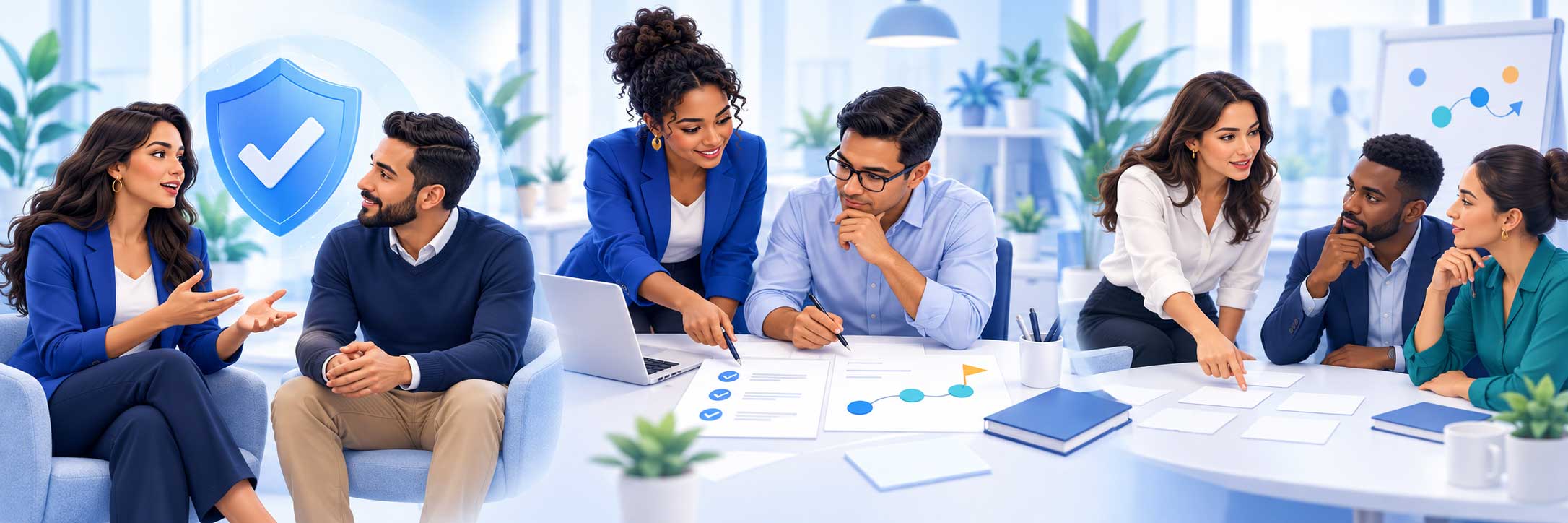 Ilustración de profesionales dialogando, revisando herramientas de prevención y analizando casos empresariales en tres escenas.