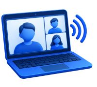 Computador portátil azul con tres participantes en una videollamada y un símbolo de conexión.