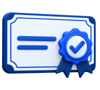 Diploma blanco y azul con un sello y una marca de aprobación, que representa la certificación del curso.