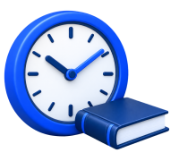 Reloj azul junto a un libro, que representa la duración académica del curso de Gestión Corporativa.